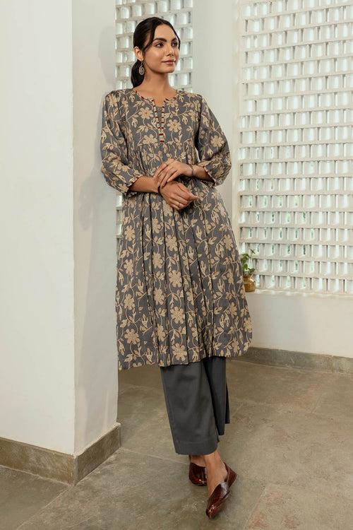 Grey Floral Fine Twill Kurta