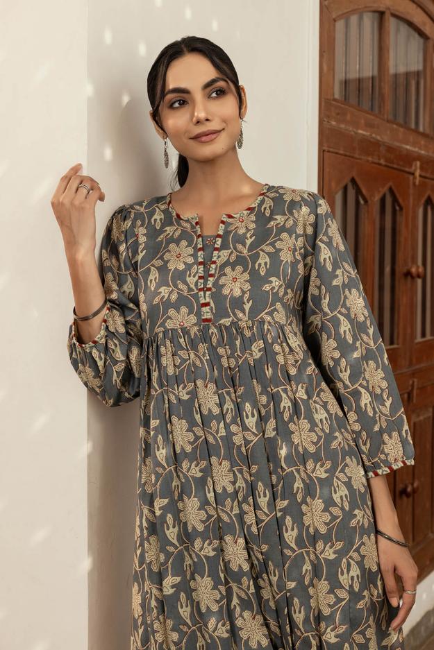 Grey Floral Fine Twill Kurta