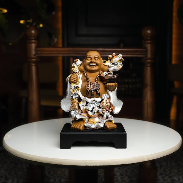 Laughing Buddha With Wood Base