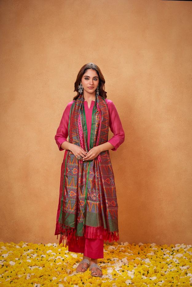 Dhanak Rani Kurta, Palazzo with Rani Ikat Duppata -Set of 3