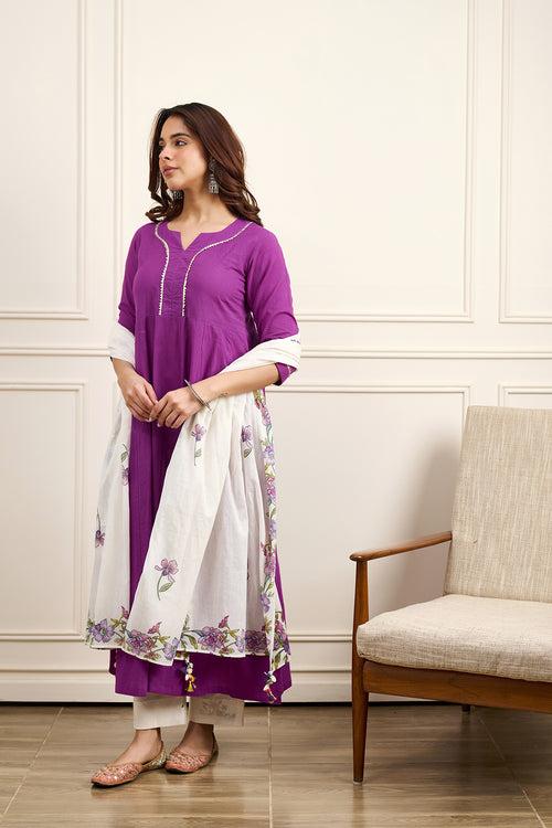 Gul Purple Cotton Kalidar Gota Kurta with Off White Hand Block Printed Palazzo and Mulmul Dupatta- Set of 3