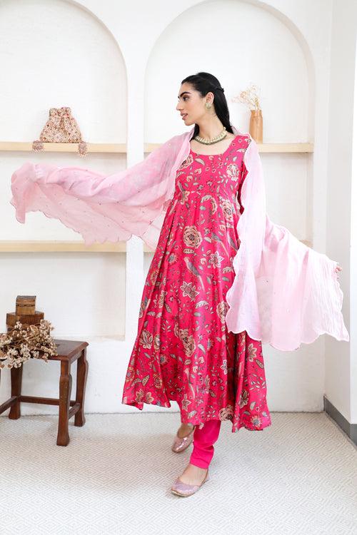 Pink printed Anarkali with Chooridar and Dupatta- set of 3