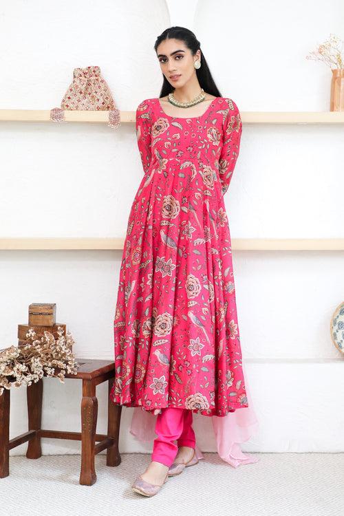 Pink printed Anarkali with Chooridar and Dupatta- set of 3