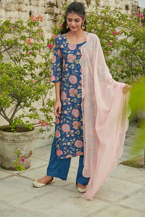 Midnight Blue Printed Kurta with Palazzo and Dupatta- set of 3