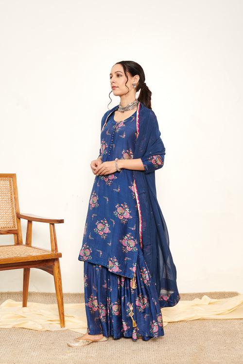 Bahaar Blue Printed Short kurta with Sharara and Dupatta- Set of 3