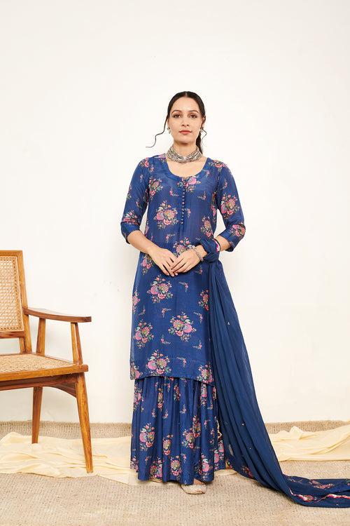 Bahaar Blue Printed Short kurta with Sharara and Dupatta- Set of 3