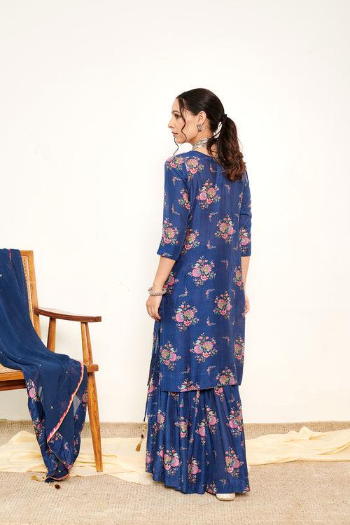 Bahaar Blue Printed Short kurta with Sharara and Dupatta- Set of 3