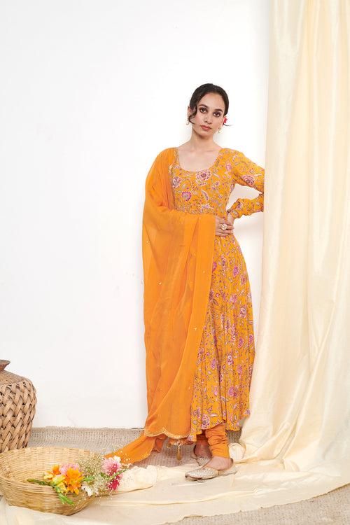 Raag Orange Floral Printed Anarkali with Chooridar and Dupatta- set of 3