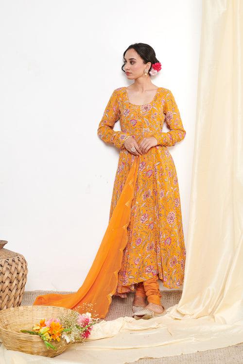 Raag Orange Floral Printed Anarkali with Chooridar and Dupatta- set of 3