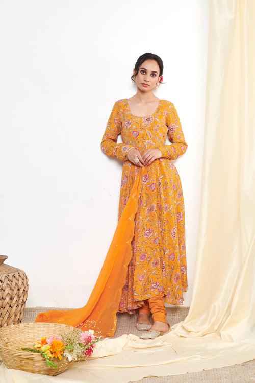 Raag Orange Floral Printed Anarkali with Chooridar and Dupatta- set of 3