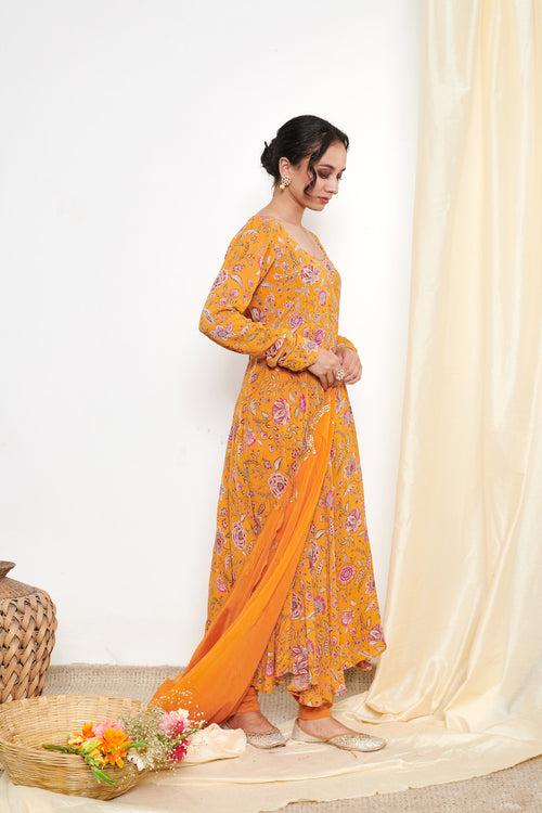 Raag Orange Floral Printed Anarkali with Chooridar and Dupatta- set of 3