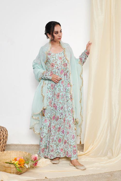 Raag Aqua Blue Floral Printed Anarkali with Chooridar and Dupatta- set of 3