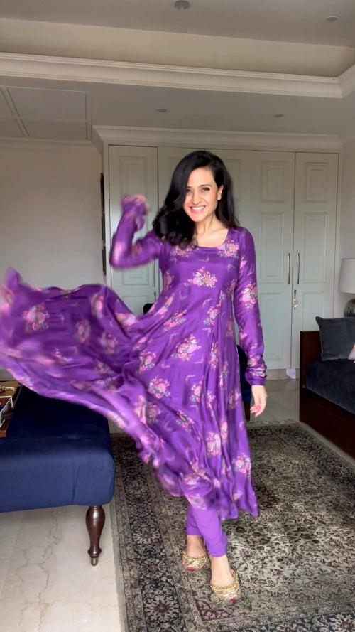 Mitali in our Bahaar Purple printed Anarkali with Chooridar and Dupatta- Set of 3