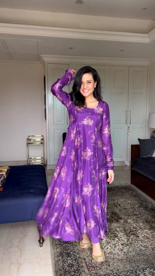 Mitali in our Bahaar Purple printed Anarkali with Chooridar and Dupatta- Set of 3