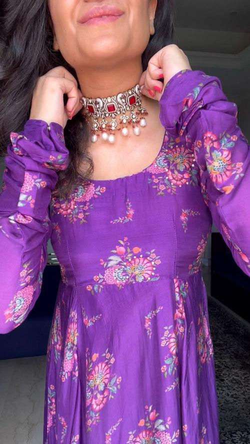 Mitali in our Bahaar Purple printed Anarkali with Chooridar and Dupatta- Set of 3