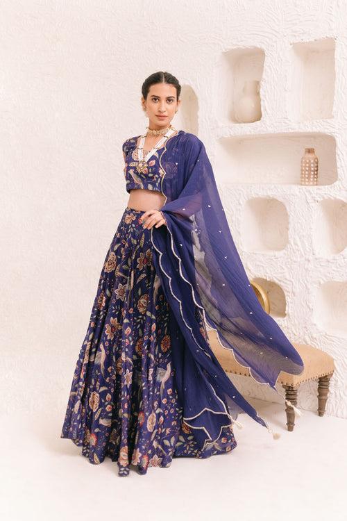 Moroccon Blue Floral print Lehenga with Floral print Blouse and Dupatta - set of 3