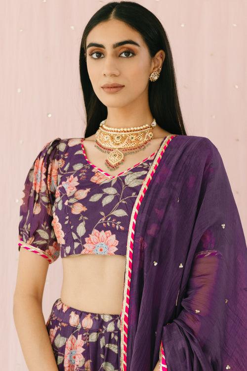 Purple Floral print Lehenga with Floral print Blouse and Dupatta - set of 3