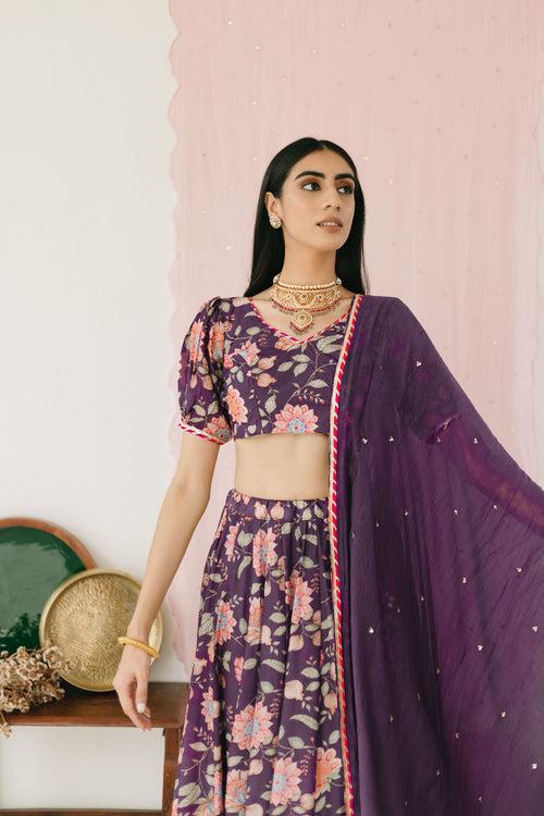 Purple Floral print Lehenga with Floral print Blouse and Dupatta - set of 3