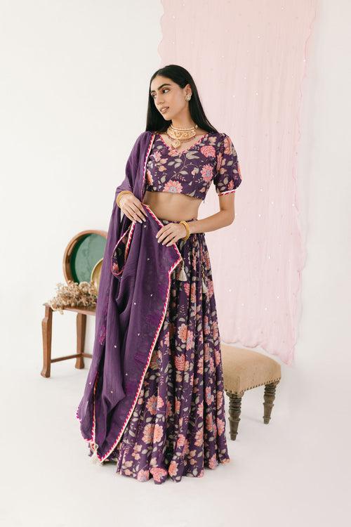 Purple Floral print Lehenga with Floral print Blouse and Dupatta - set of 3