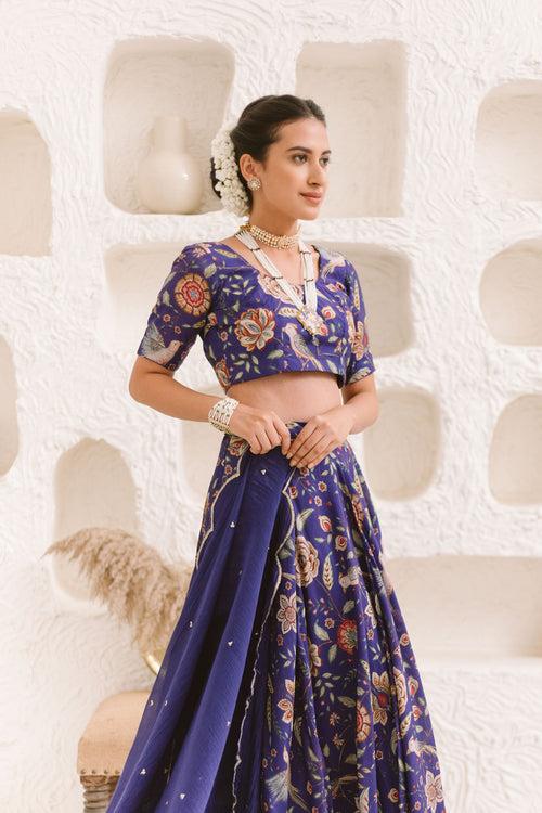 Moroccon Blue Floral print Lehenga with Floral print Blouse and Dupatta - set of 3