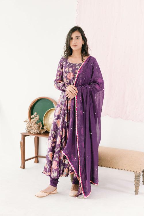 Purple printed Anarkali with Chooridar and Dupatta- set of 3