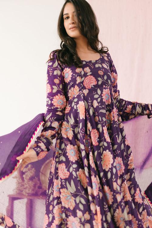 Purple printed Anarkali with Chooridar and Dupatta- set of 3