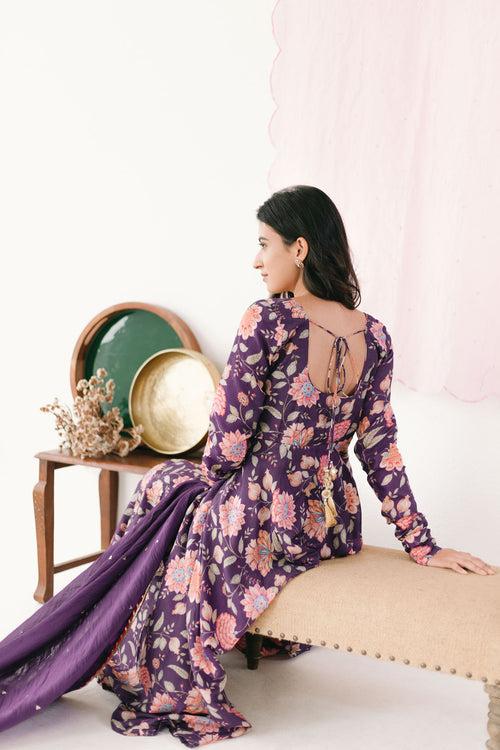 Purple printed Anarkali with Chooridar and Dupatta- set of 3