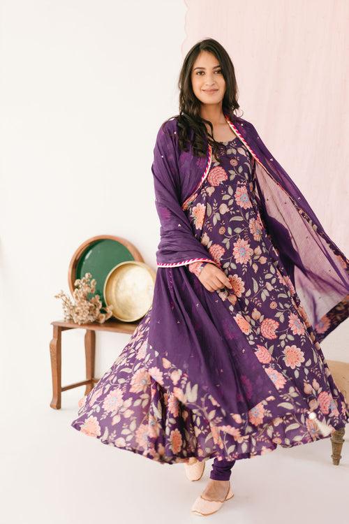 Purple printed Anarkali with Chooridar and Dupatta- set of 3