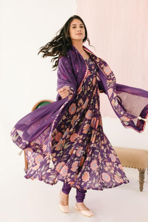 Purple printed Anarkali with Chooridar and Dupatta- set of 3