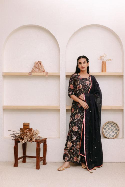 Black Printed Short kurta with Sharara and Dupatta- Set of 3