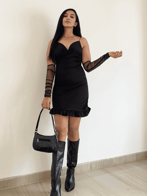 Celena black dress with mesh gloves