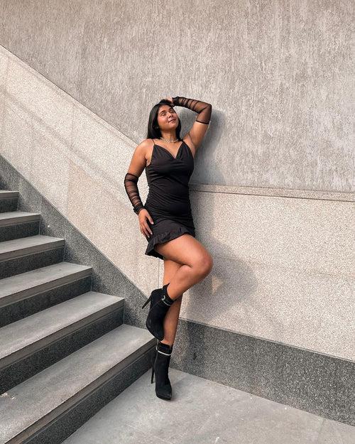 Celena black dress with mesh gloves