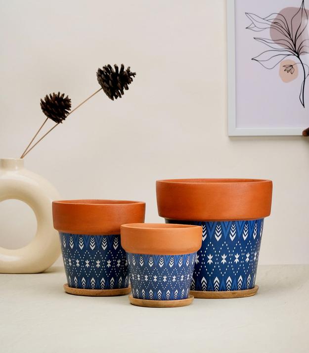 'Basica' Blue Terracotta Plant Pots Combo with Wooden Bottom Tray