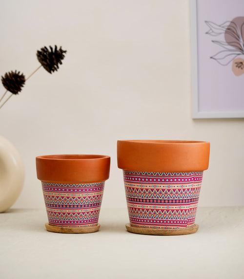 'Basica' Pink Terracotta Plant Pots Combo with Wooden Bottom Tray