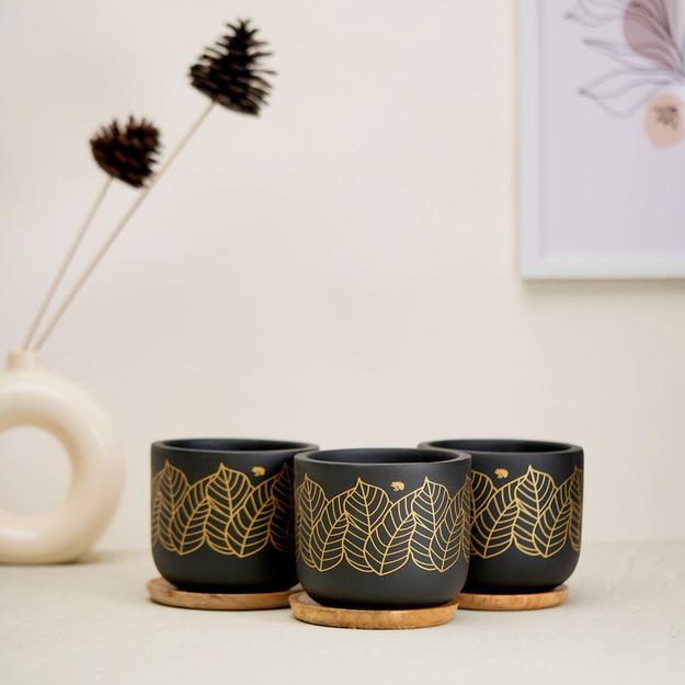 'Zen' Black Terracotta Plant Pots Combo with Wooden Bottom Tray