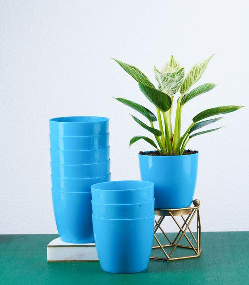 Blue Glossy Bare Fiber Planter Set (Size: 4 Inch)