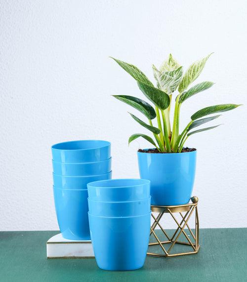 Blue Glossy Bare Fiber Planter Set (Size: 4 Inch)