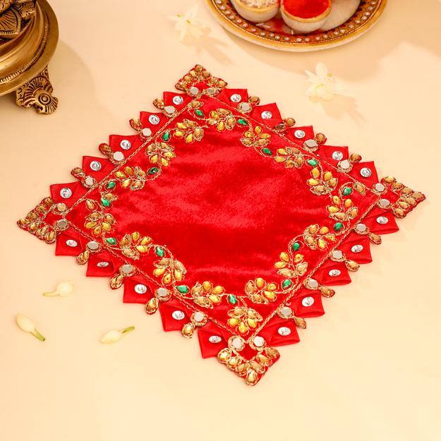 Stone And Mirror Work Red Velvet God Pooja Asana