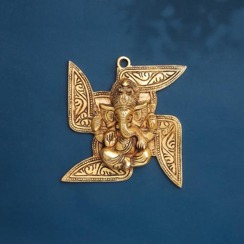 Brass Ganesha On Swastik Wall Hanging (7 Inch)