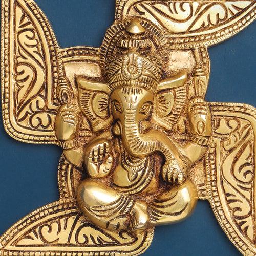 Brass Ganesha On Swastik Wall Hanging (7 Inch)