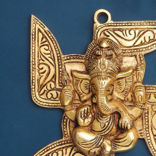 Brass Ganesha On Swastik Wall Hanging (7 Inch)