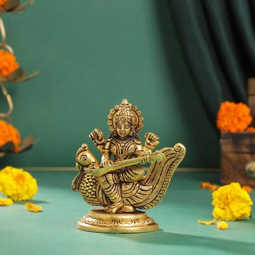 Brass Goddess Saraswati Idol (4.5 Inch)