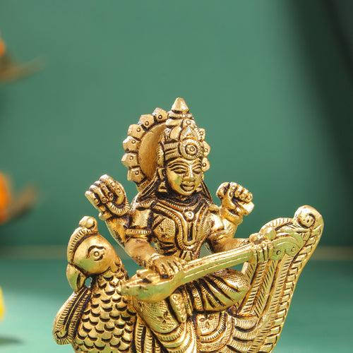 Brass Goddess Saraswati Idol (4.5 Inch)