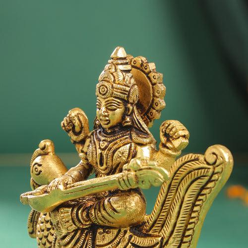 Brass Goddess Saraswati Idol (4.5 Inch)