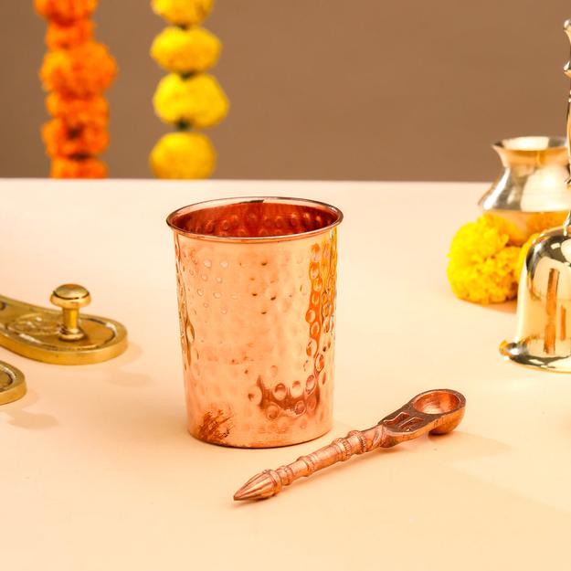 Copper Pooja Panchpatra and Spoon charnamrit Set