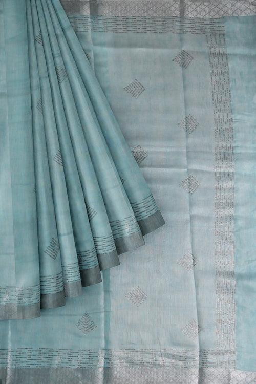 Sky Blue Linen Tissue Silk Saree