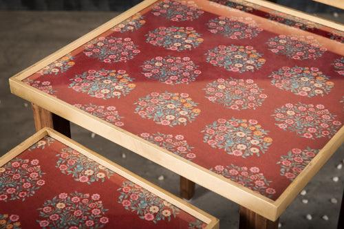 A Tiny Mistake Peach Floral Motifs Wooden Rectangle Nesting Tables (Set of 2), Living Room Decor