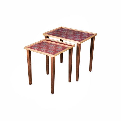 A Tiny Mistake Peach Floral Motifs Wooden Rectangle Nesting Tables (Set of 2), Living Room Decor