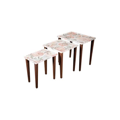 A Tiny Mistake Blossom (Peach and Pink) Wooden Rectangle Nesting Tables (Set of 3), Living Room Decor