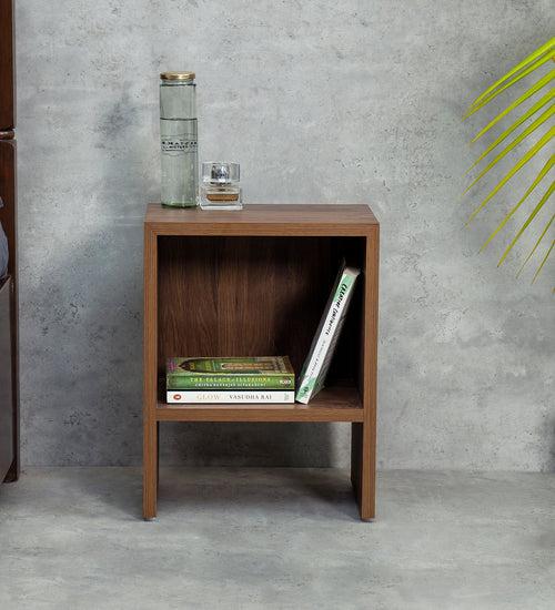 Walnut Hues Mica Bedside Table, Side Table, Bedside Open Storage, Bedroom Decor